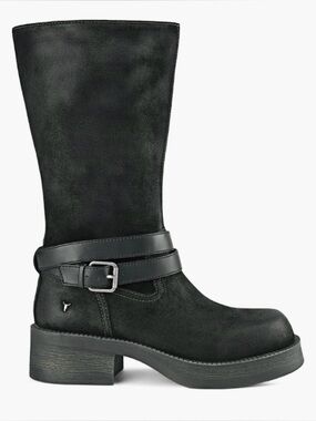 Windsor Smith Black Suede Mid-Calf Buckle Strap Heeled Boots